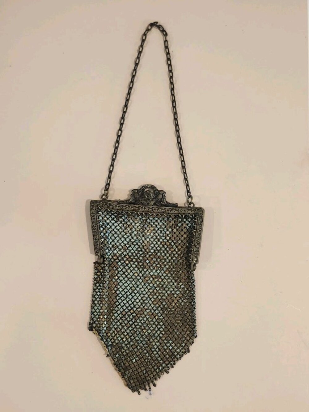Antique 1920s~Mandalian~Chain Mail Purse~Metal Mesh~Enamel~w/ Handle~Restore